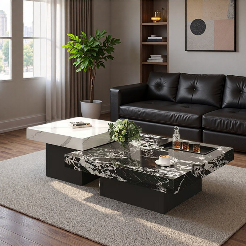 Ensemble de tables basses Luxury Rockboard, H 13,8 po x L 31,5 po x l 31,5 po, Blanc/Noir