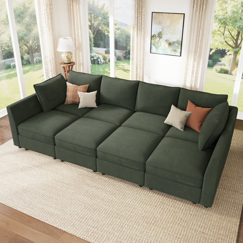 Tremee U Shaped Modular Sleeper Sofa Sectional Sofa With Storage Green, Green Corduroy