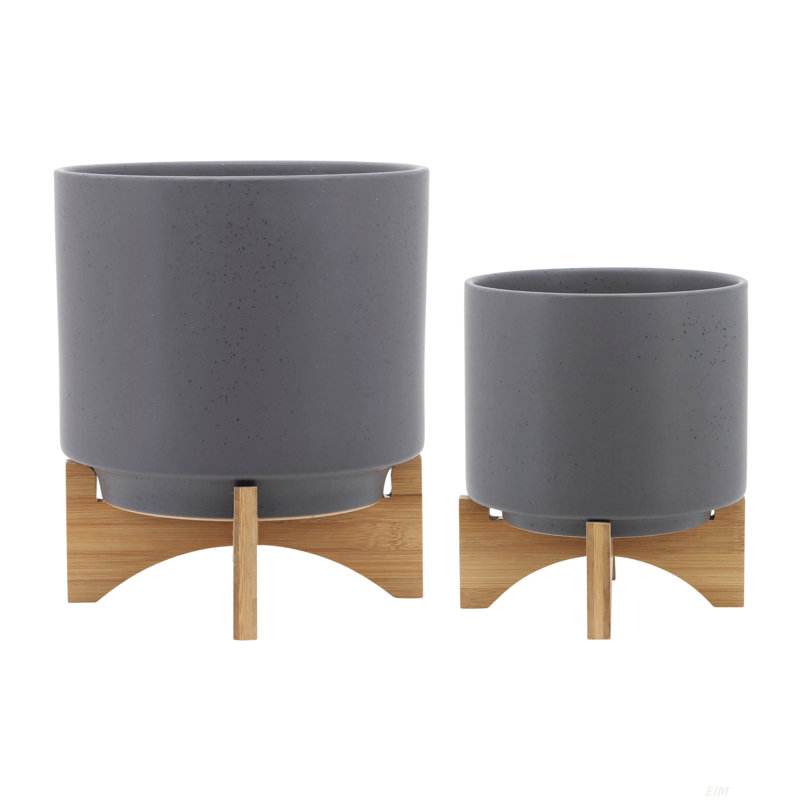 PLANTER W/ WOOD STAND,  unique planters, Gray/Natural