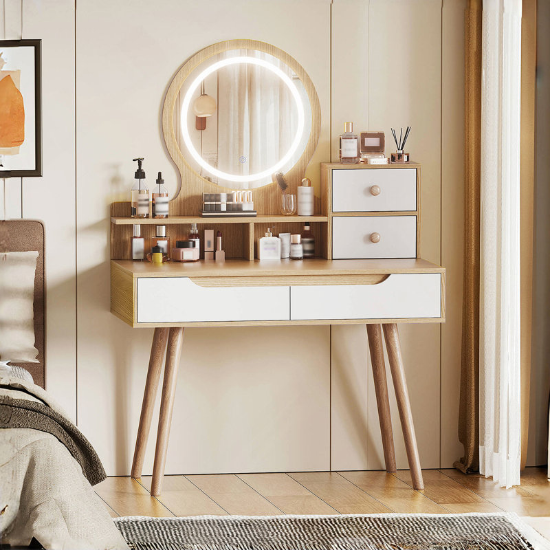 Bureau de maquillage avec 3 miroirs réglables à DEL, 4 tiroirs et 3 tablettes