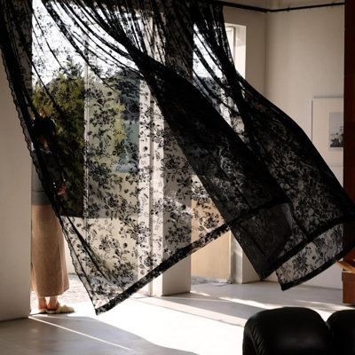 Black Lace Curtains For Living-Room 84 Inch Length, Fine Rose And Leaf Embroidered Light Filtering French Country Curtains For Bedroom, Vintage Delicate Floral Sheer Window Drapes 52" W Rod Pocket