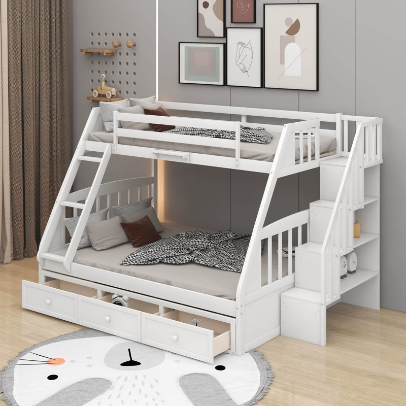 Lit simple superposé au dessus d'un lit double avec tiroirs, Gris