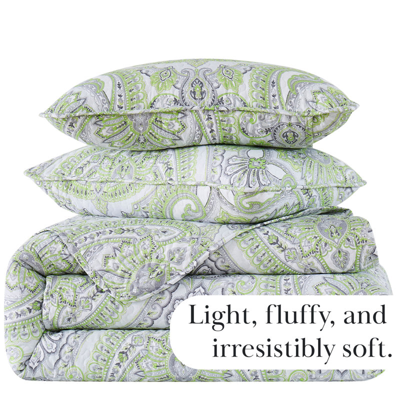 Pure Melody Oversized Light-weight Paisley Quilt Set with matching shams, King Quilt + 2 King Shams, Green