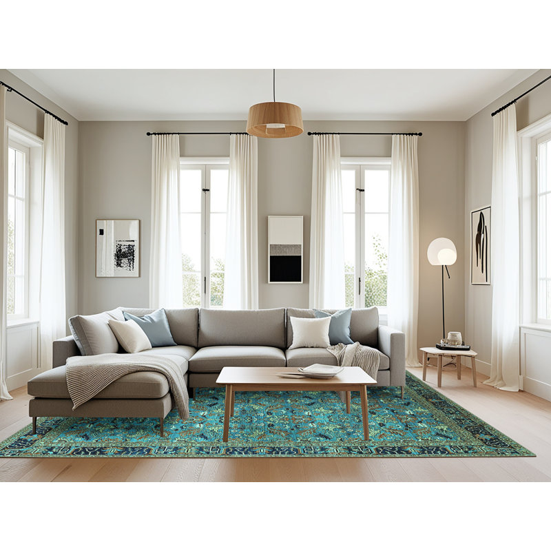 Tapis bleu sarcelle tissé à la machine, Rectangle 8 pi x 12 pi