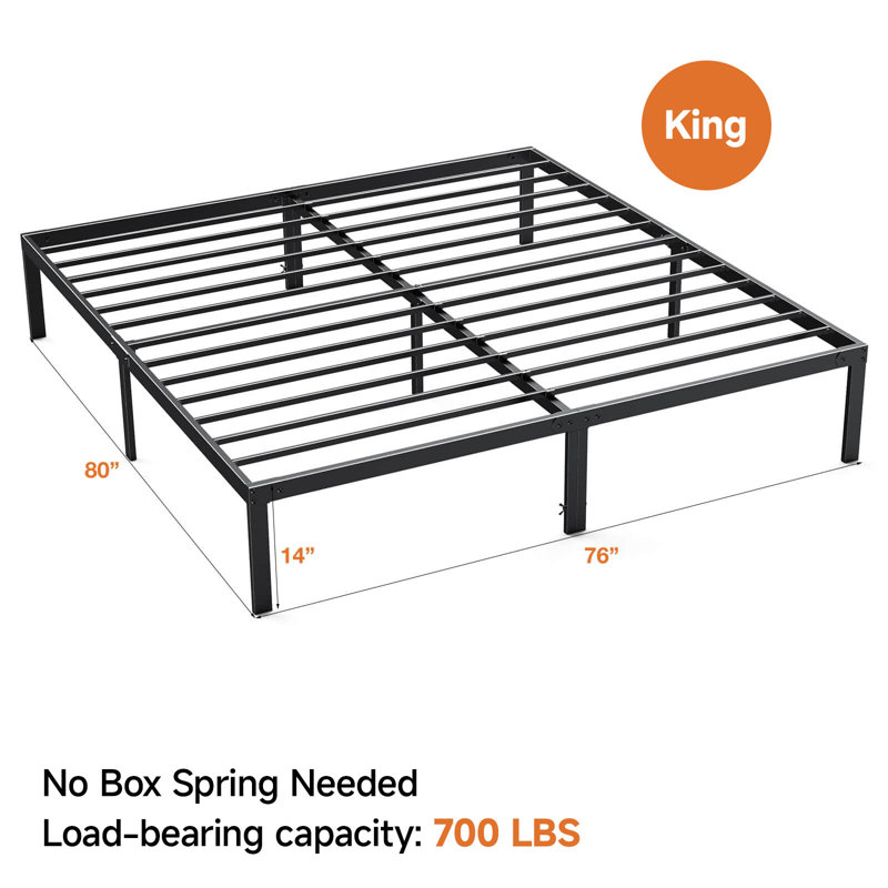 Structure de lit robuste en métal avec rangement sous le lit, support en lattes d'acier robuste, sans sommier, cadre de lit plateforme pour grand, très grand, double, simple, capacité de 300 lb