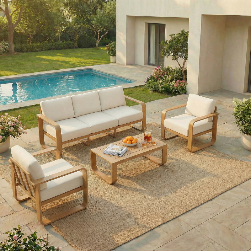 Ensemble de conversation pour patio pour 5 personnes avec coussins, Coussin beige / structure en bois naturel