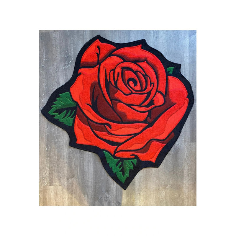 Rose-Shaped Black And Red Modern Rug, Novelty 2'8" x 2'8"