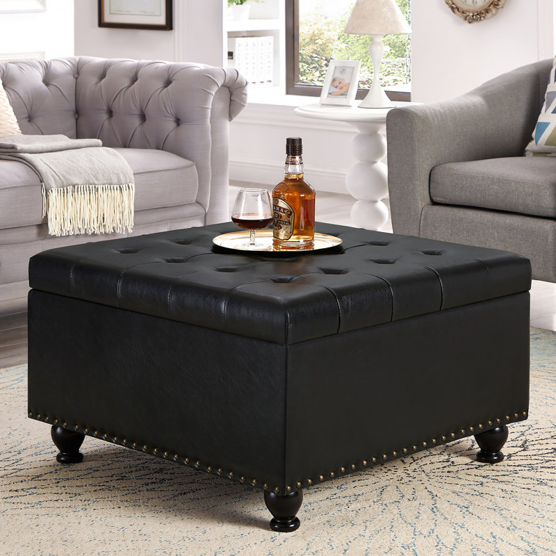 Grand repose-pieds de rangement carré avec pieds en bois, table basse capitonnée à boutons, Simili cuir, Black PU