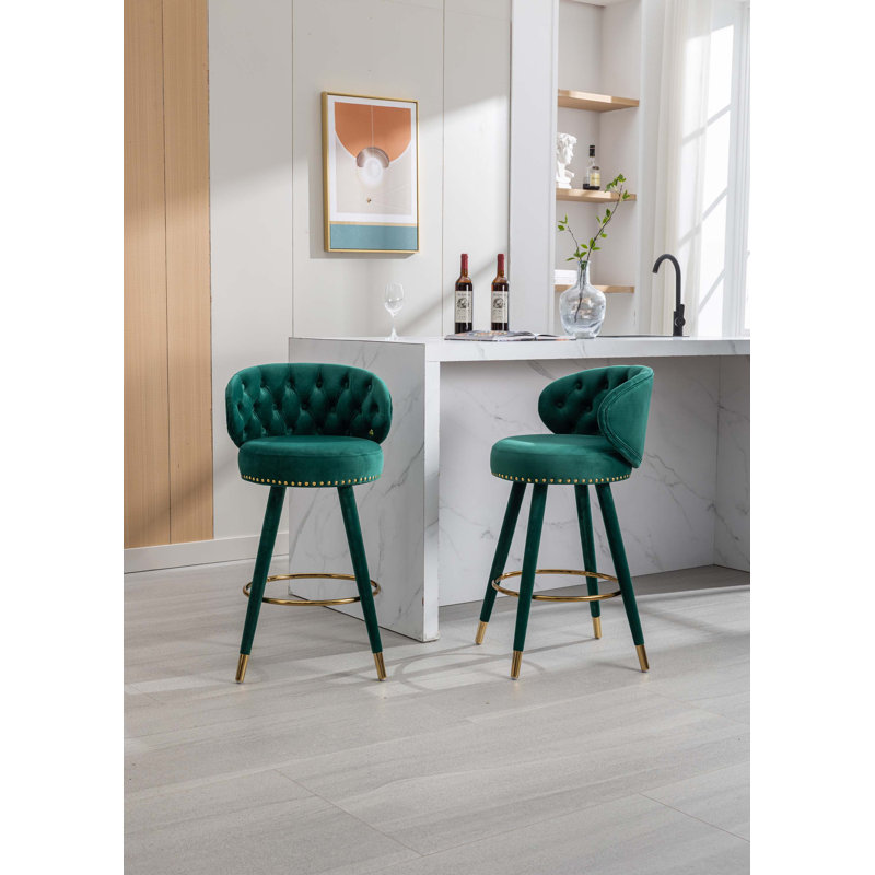 Green Velvet Swivel Counter Height Bar Stools with Gold Accents