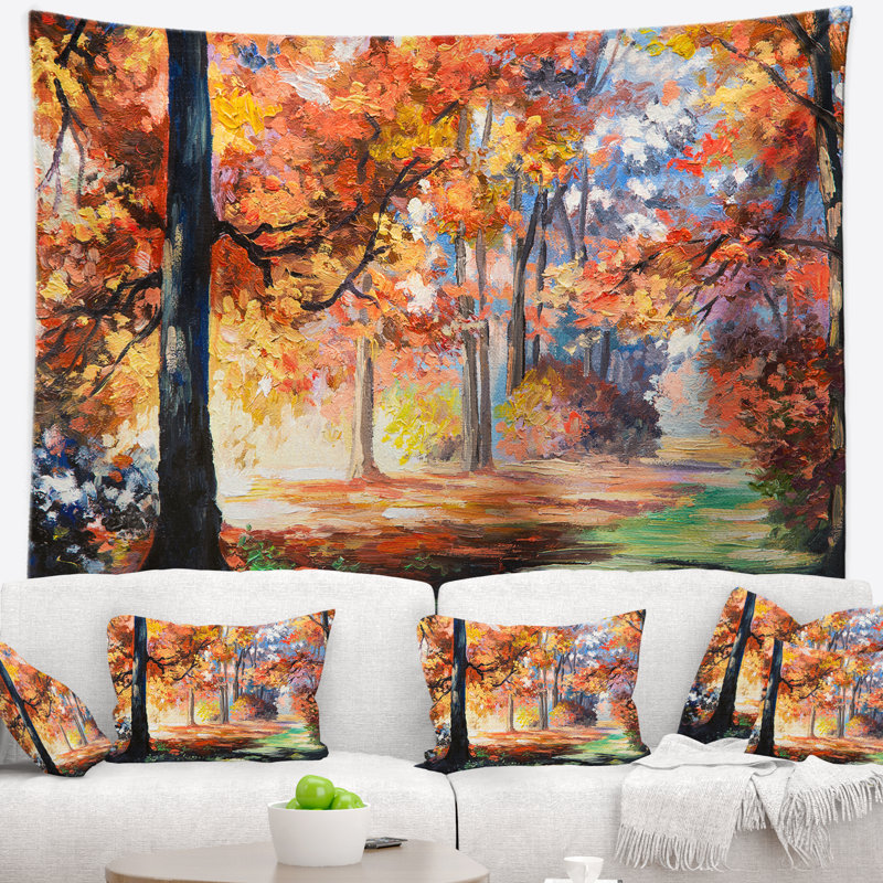 Paysage automne sentier en forêt tapisserie, H 32 po x l 39 po