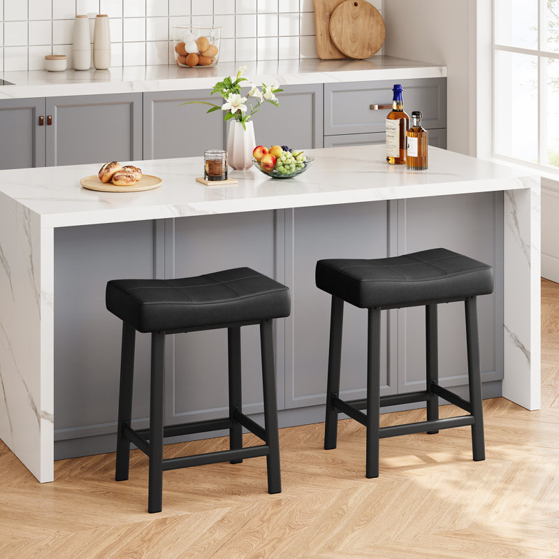 Upholstered Counter Stool with Metal Frame, Black + black cushion, 2 pieces