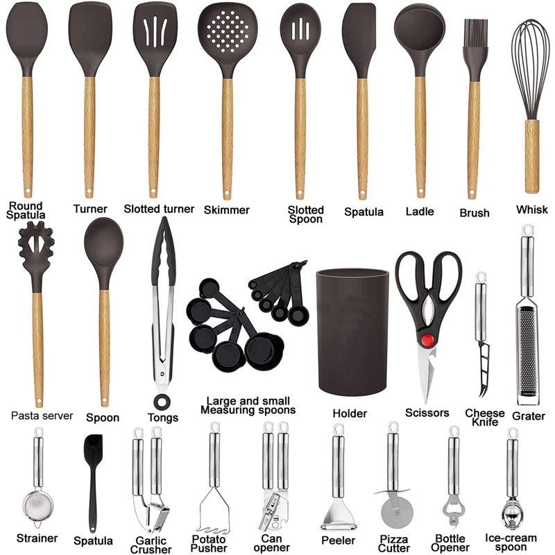 Ensemble d'ustensiles de cuisine en silicone 35 pièces, manche en bois antiadhésif, résistant à la chaleur, gris foncé