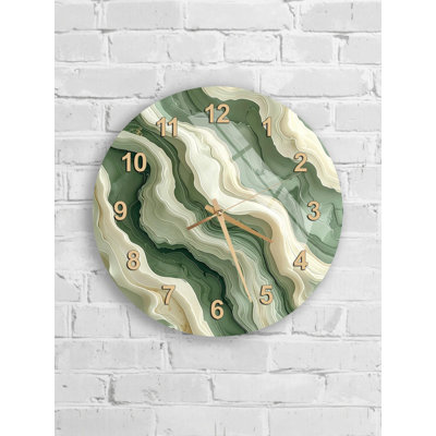 Horloge murale en verre trempé vert agate, style abstrait, horloge moderne, horloge élégante, art mural décoratif, décoration intérieure