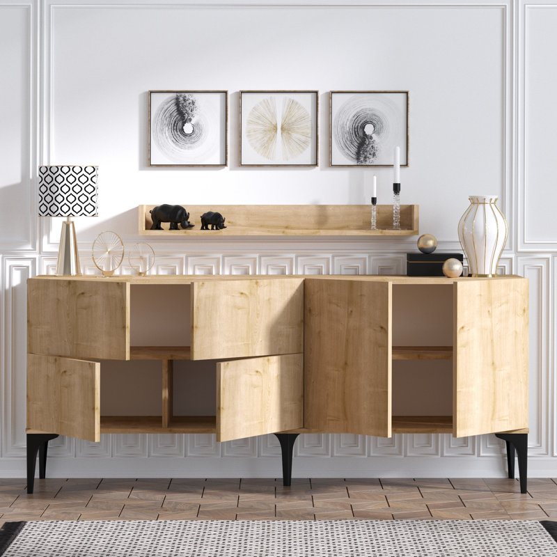 Elegant Wall-Mounted Console Table, Sapphire Oak, 70.9 x 21.7 x 15.7 inches | 100% Melamine Coated Particle Board, Thickness: 0.7 inches | Features Numerous Shelves, Modern Scandinavian Design, Perfect for Home Decor