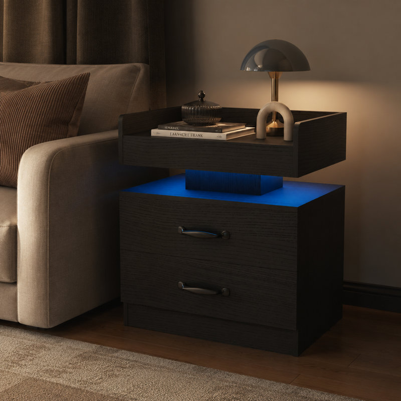 2-Drawers Black LED Nightstand With Built-in Charging Station & Floating Top Shelf
