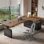 Bureau à 3 tiroirs en noyer massif + en bois massif manufacturé + en acier au carbone + réglable en L noir
