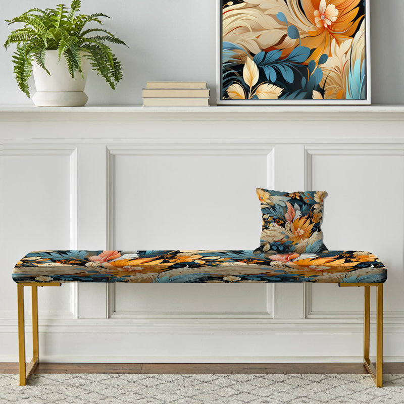 Earthy Tones Boho Inspire Feather - Floral Upholstered Gold Bench