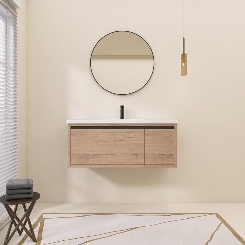 48" Wall-Mounted Single Bathroom Vanity with Resin Vanity Top, Soft Close Doors and Drawer, Walnut