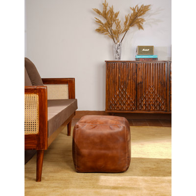 HANDMADE ECO-FRIENDLY STUFFED BUFFALO LEATHER POUF - Plain Solid Design, Genunie Buffalo Leather, Recycled Cotton Stuffed, Seating Pouf For Living Room, Study Room, Patio & Office