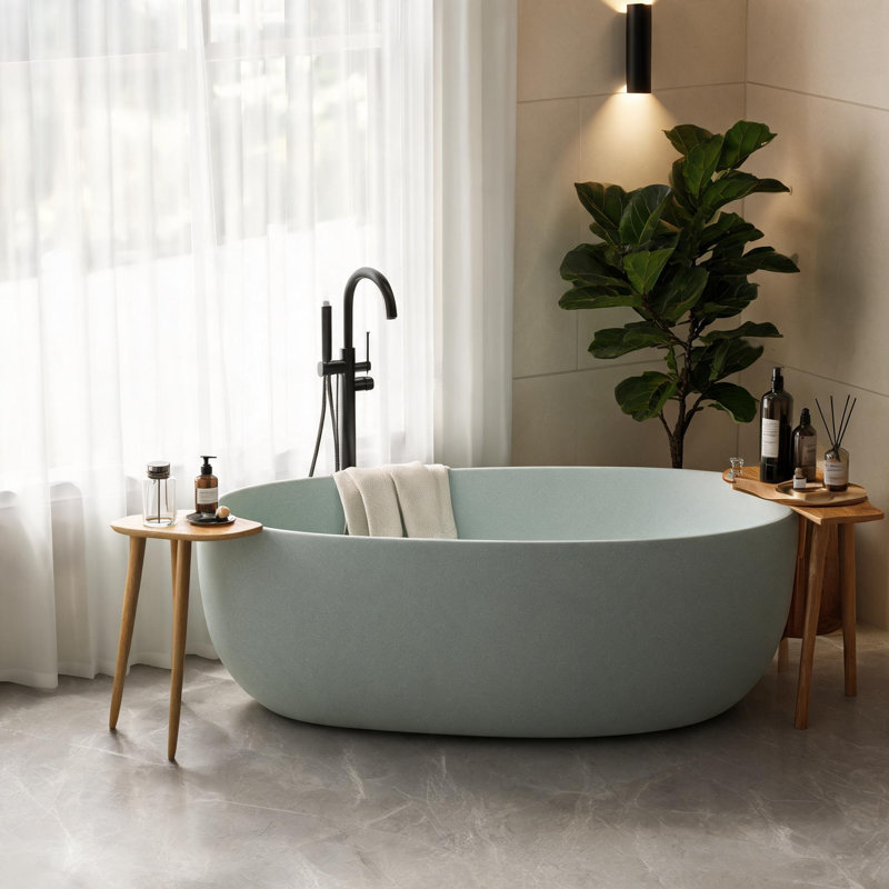 51 inch Turquoise Green Solid Surface Freestanding Soaking Bathtub with Overflow and Pop-up Drain