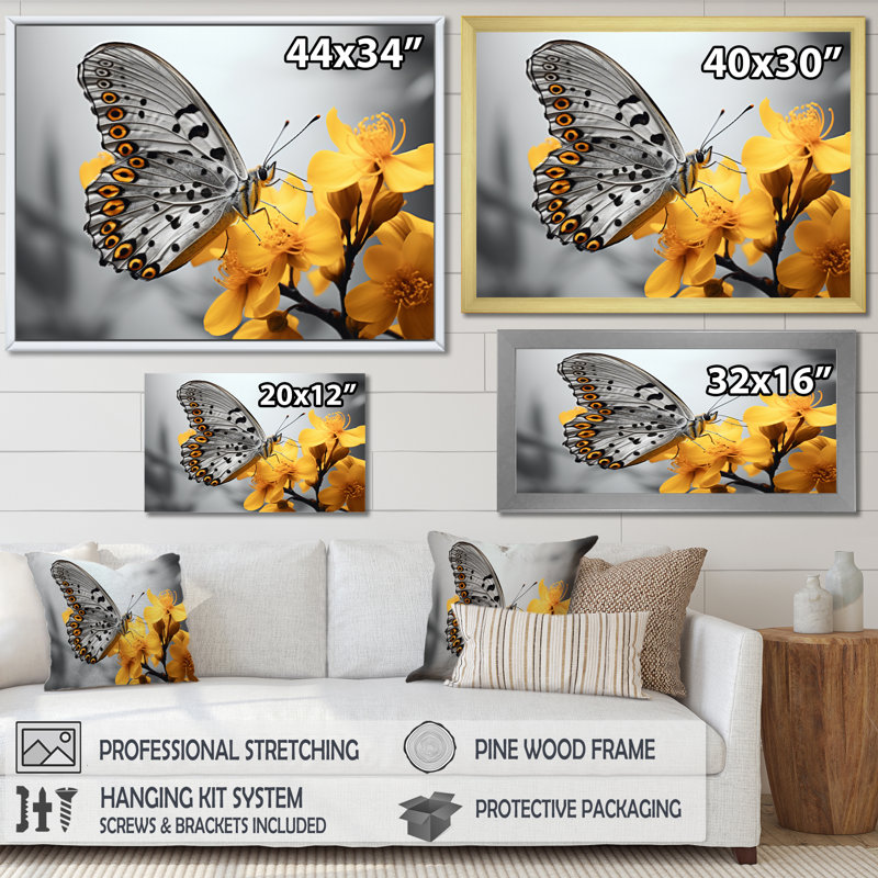 Papillon jaune et jaune Haven II - art mural papillon, Toile tendue, H 12 po x l 20 po x P 1 po