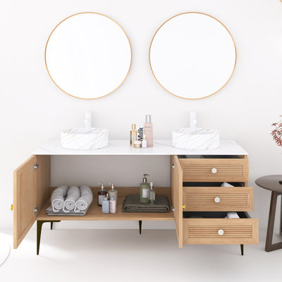 Meuble-lavabo de 60 po avec 2 lavabos, armoire de rangement autoportante en contreplaqué avec 5 pieds en métal, 3 tiroirs et 2 portes, lavabo en céramique blanche avec motif en pierre, sans robinet, pré-assemblé, couleur grain de bois de chêne