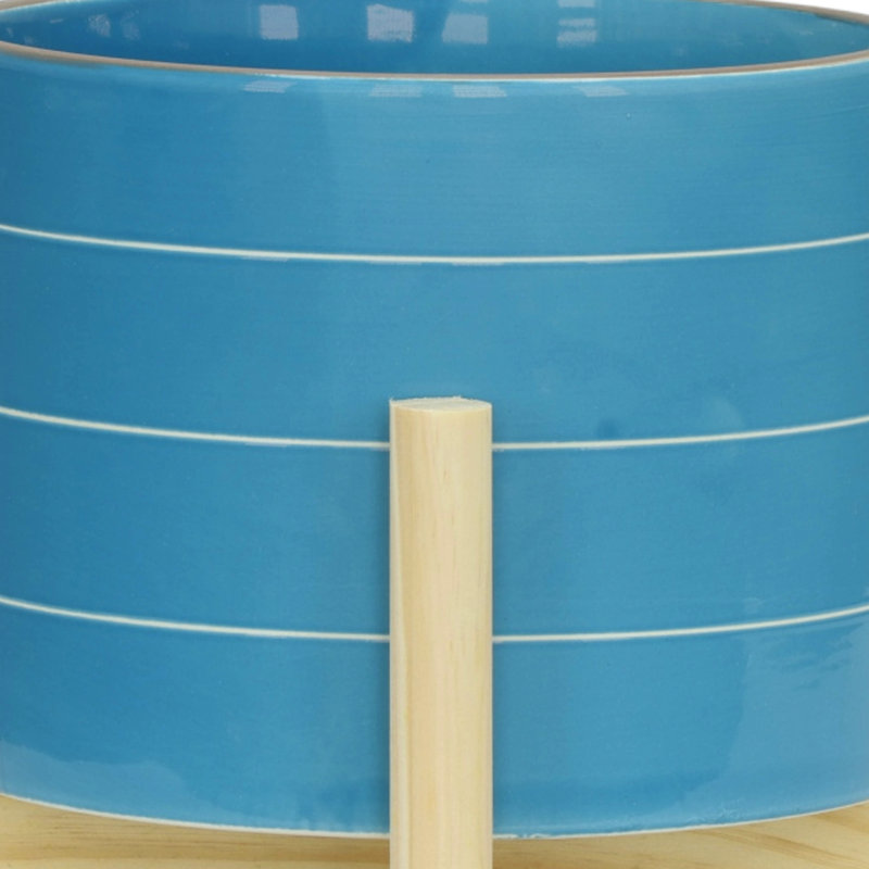 8" Striped Planter W/ Wood Stand