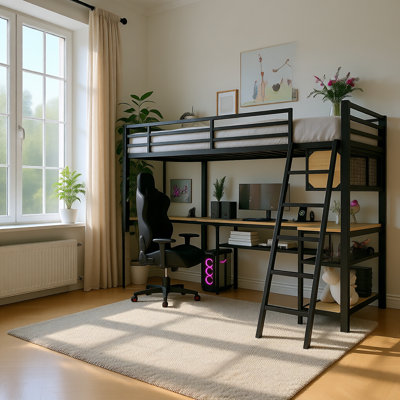 Metal Twin Size L-Shaped Loft Bed with LED Light, Dual Desks, Charging Stations, and Storage Shelves, Black Modern Loft Bed for Kids and Teens