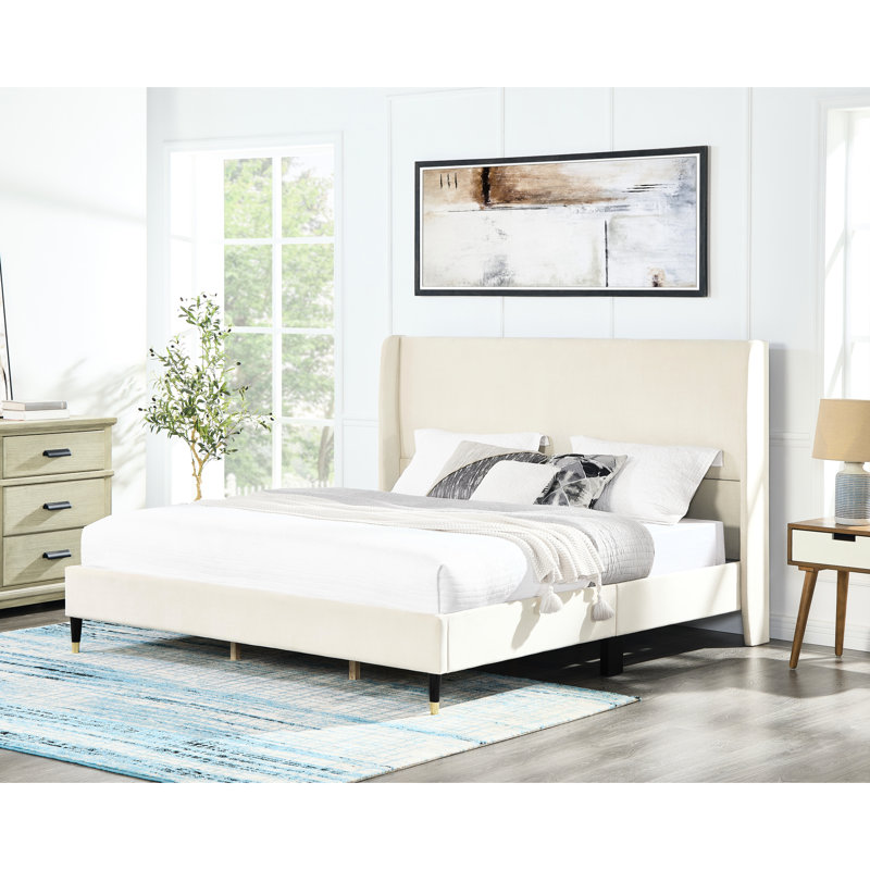 Lit king-size à oreilles en velours beige - Un élément essentiel et moderne de la chambre à coucher - Style élégant