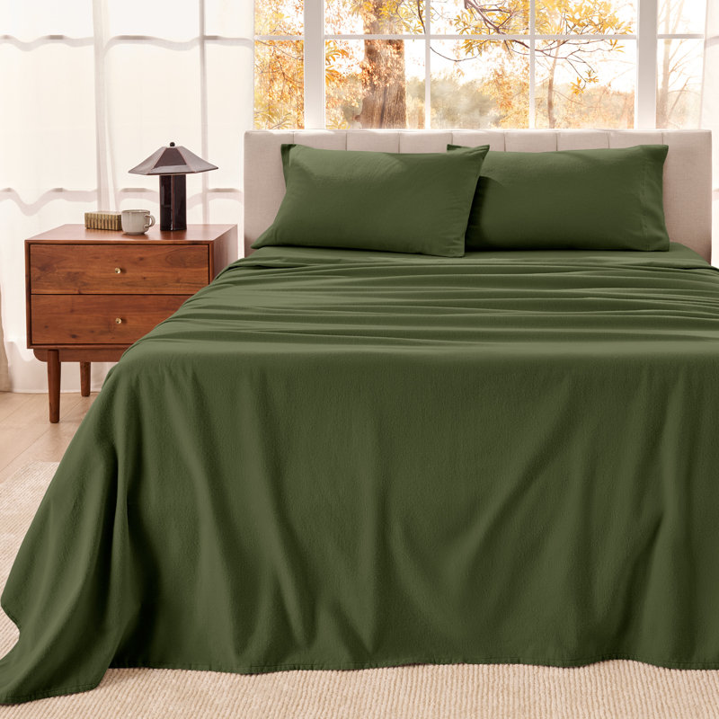 Organic 100% Cotton Flannel Sheet Set, Cypress, Full XL Sheet Set with 2 Pillowcases