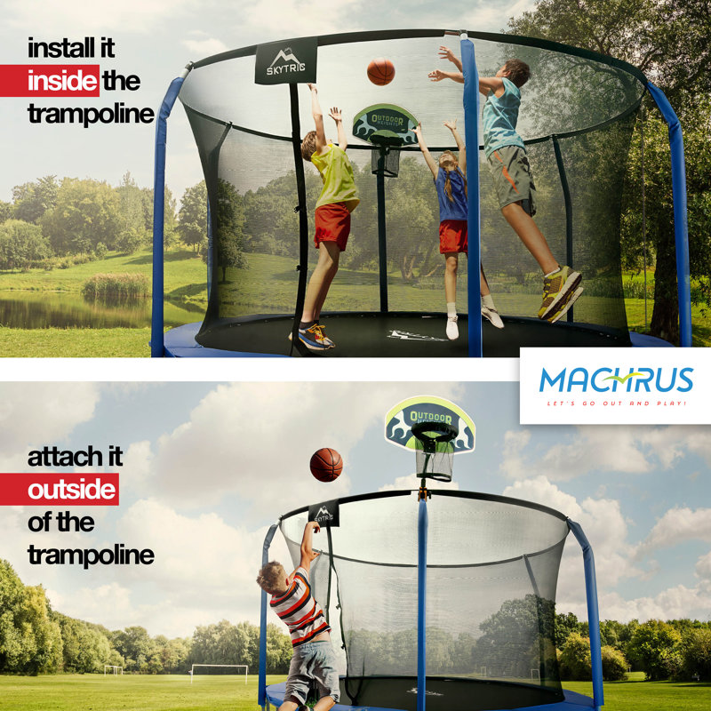 Ensemble de trampoline rectangulaire de 10 pi x 17 pi avec enceinte à anneau supérieur et panier de basketball, ballon et pompe de trampoline