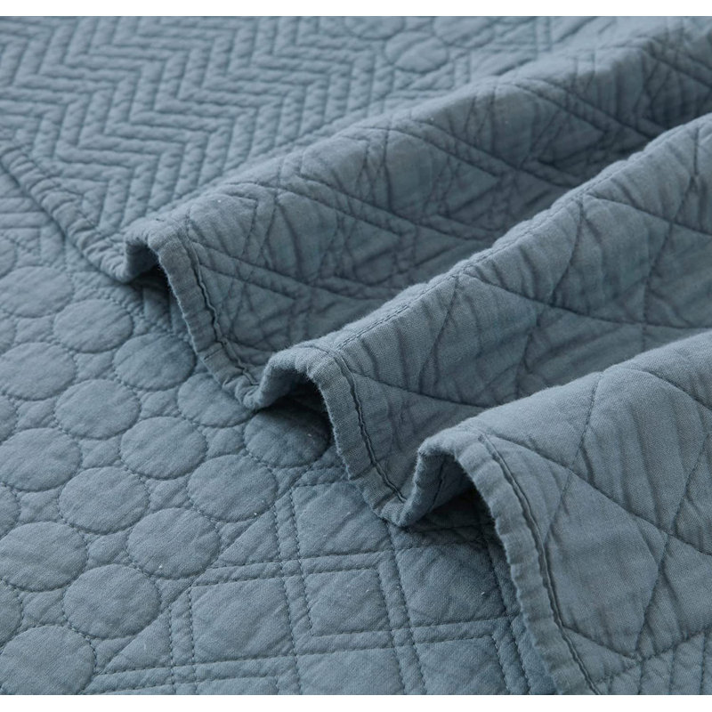 Motley Pre-Washed Cotton Classic Geometric Embroidered Quilt Set, Blue, Twin Quilt + 1 Standard Sham