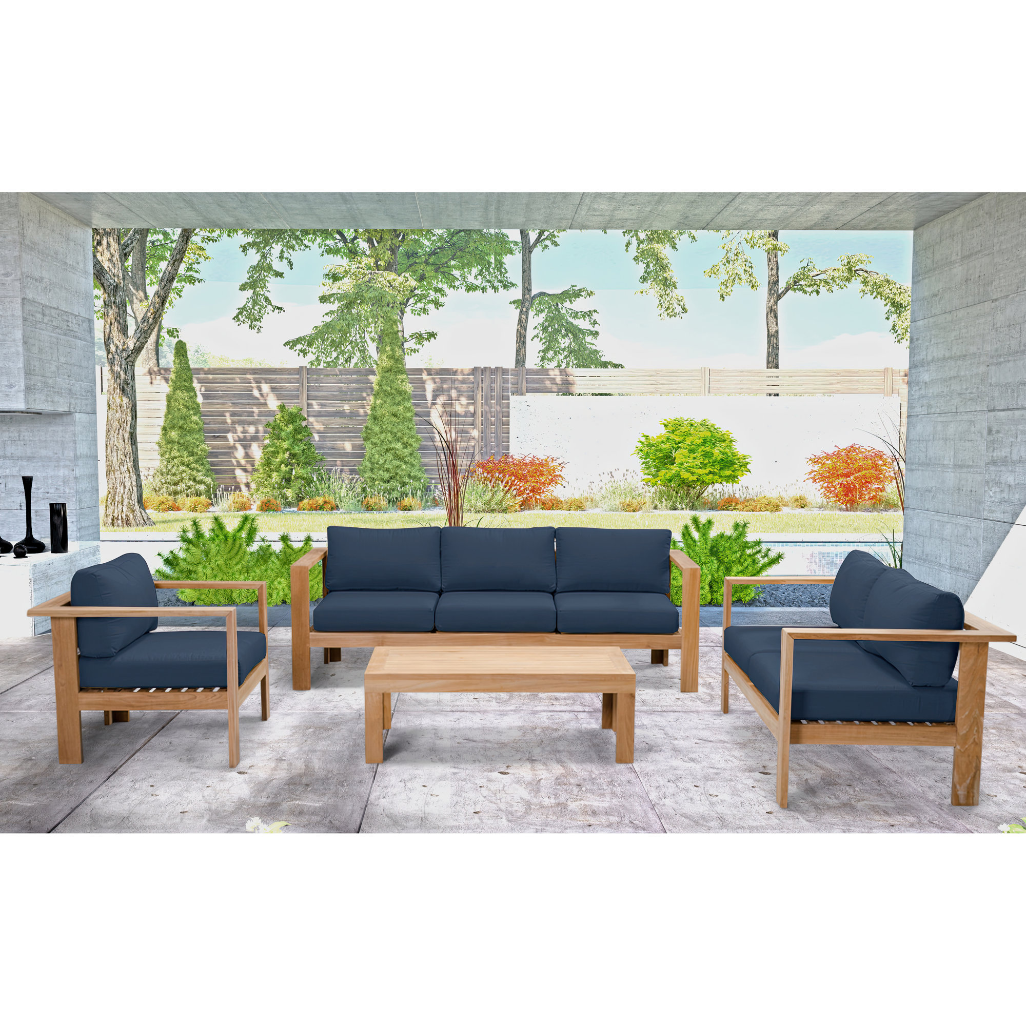 Sonoma 4 Piece Teak Outdoor Seating Group with Sunbrella® Cushions, Spectrum Indigo Sunbrella®
