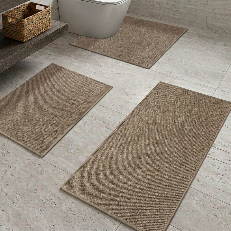 Ensemble de tapis de bain 3 pièces à aspect lin texturé avec envers antidérapant, Café