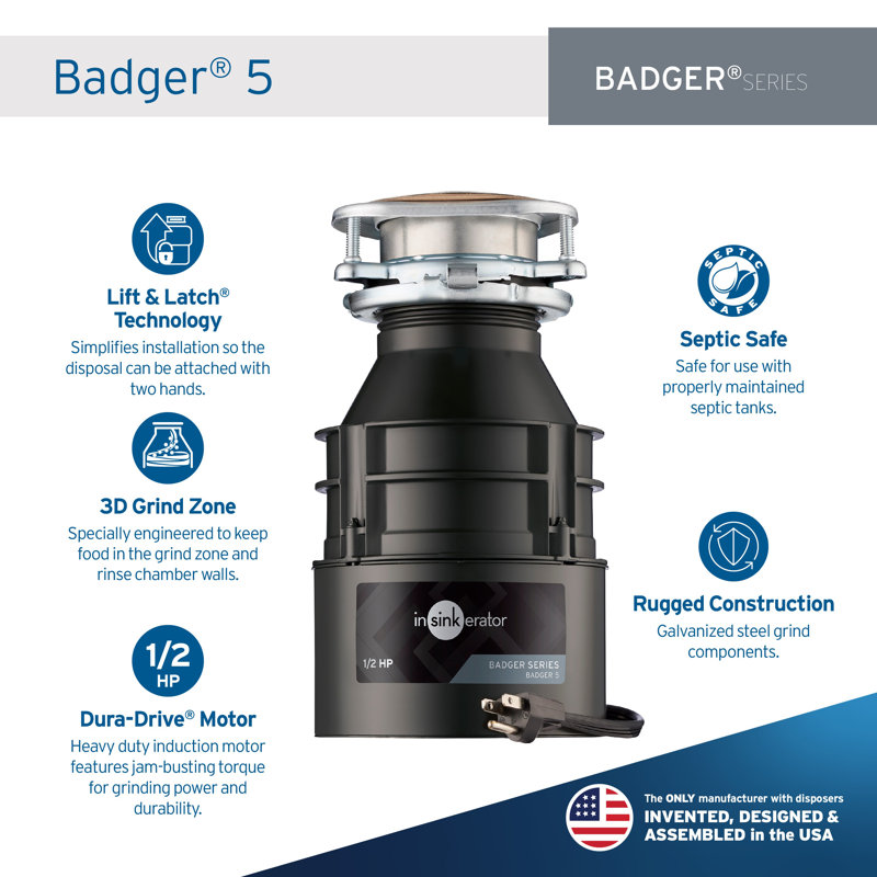 Badger Series 1/2 HP Continuous Feed Garbage Disposal, Power Cord Included