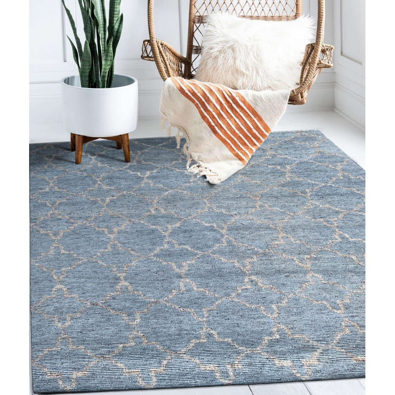 Blue Hand-Knotted Wool Lattice Diamond Geometric Modern Contemporary Carpet Rug, 9' x 12'
