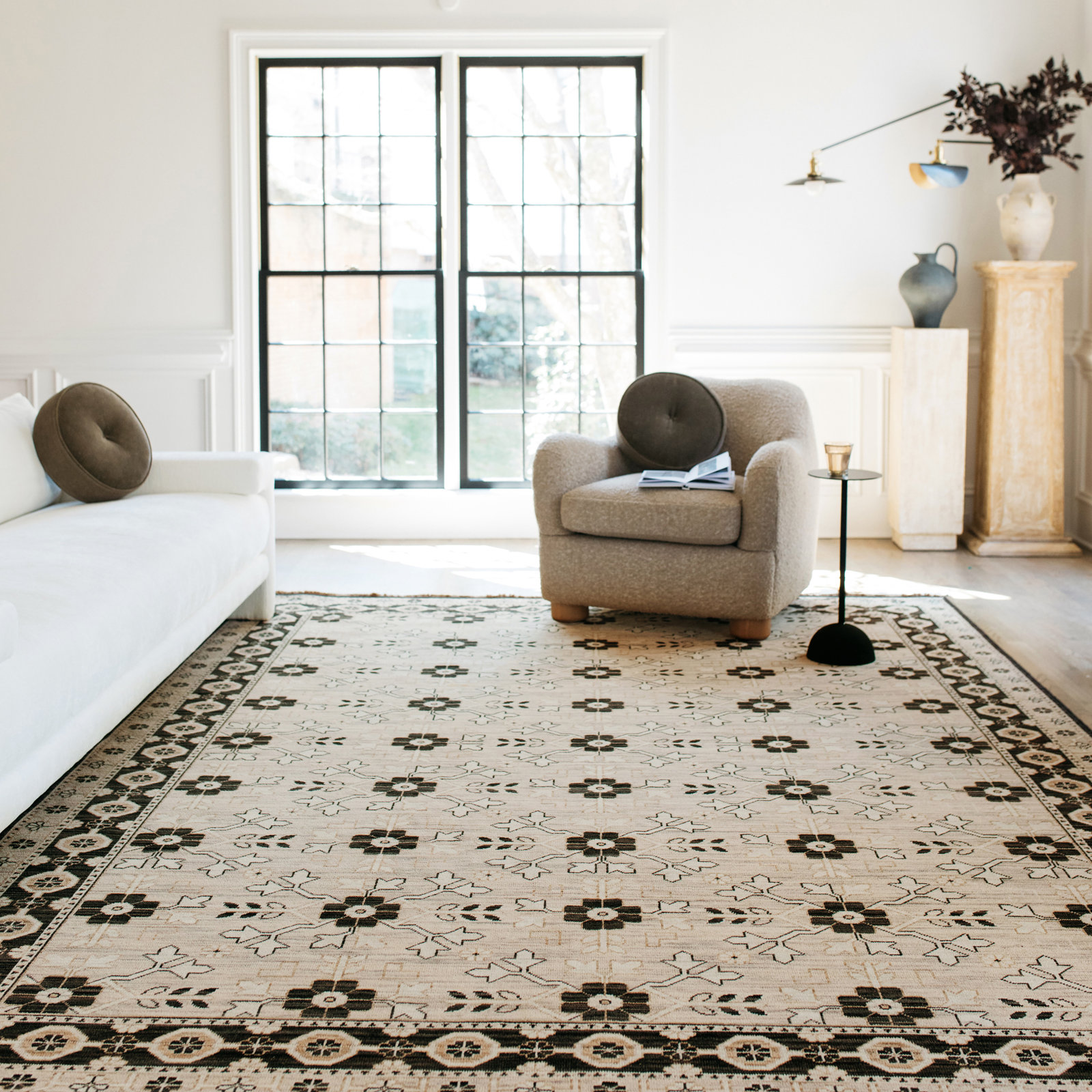Abena Beige Black Floral Oriental Wool Rug, Runner 2'6" x 10'