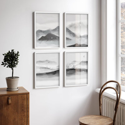 «Mountain Watercolor Paintings Serene Landscape Artwork Decor», 4 pièces