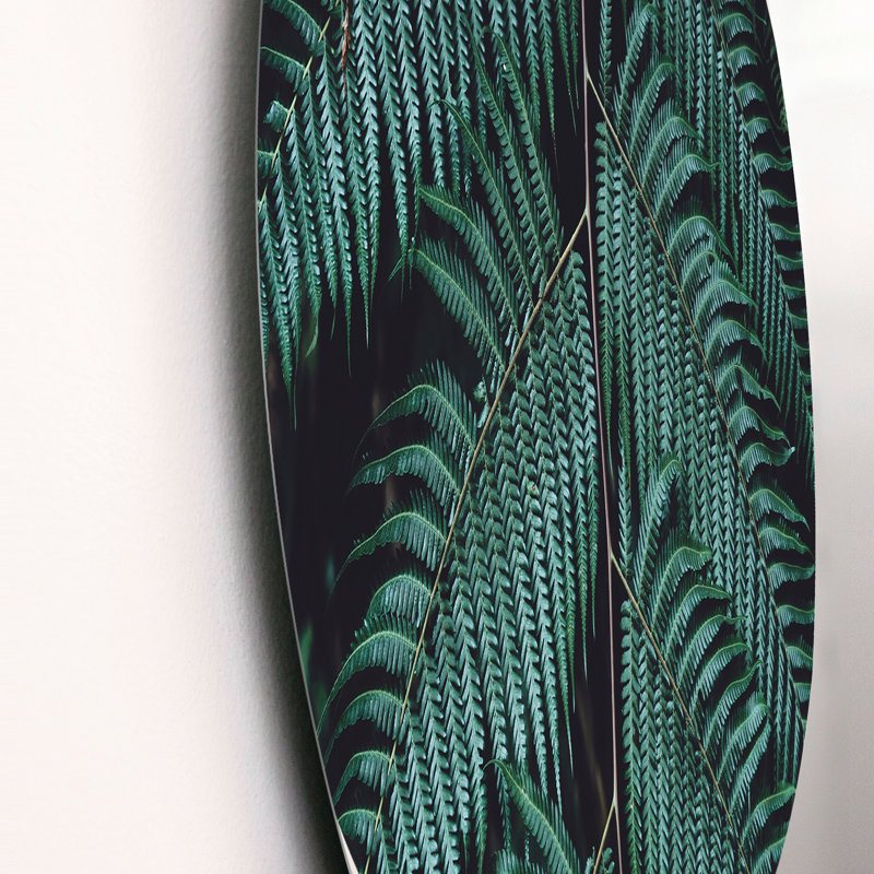 Fougère vert foncé sur fond noir II - Art mural cercle tropical en métal, H 29 po x l 29 po