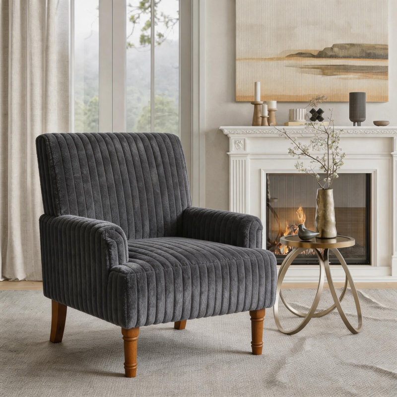 Upholstered Corduroy Armchair With Vertical Stripes And Wooden Legs