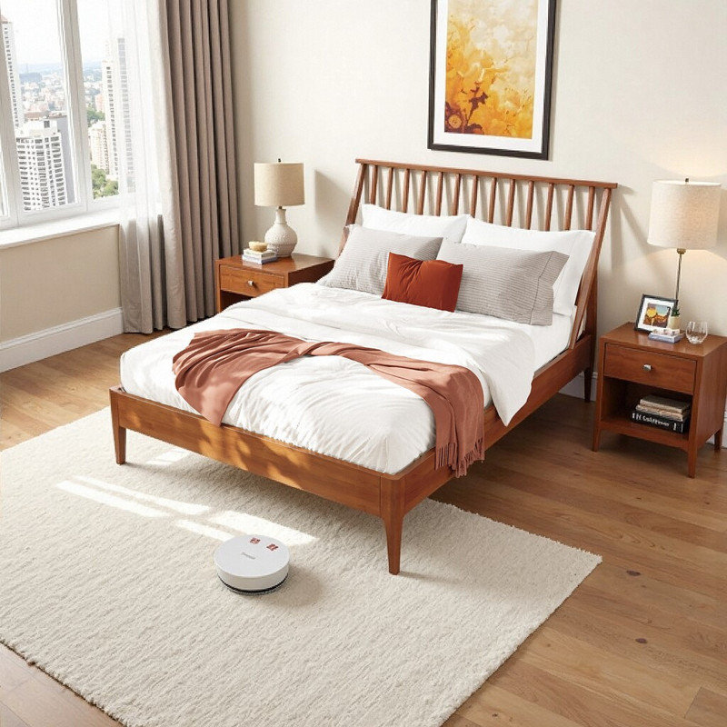 Lit plateforme grand en bambou - Lit plateforme en bois de bambou massif avec tête de lit haute de 46,5 po, Brun, Grand lit