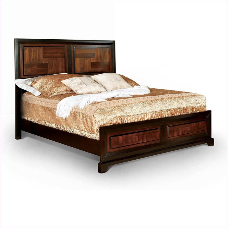 Solid Wood Bed Frame, Transitional Primary Bedroom Furniture, Warm Brown Queen Size Bed with Parquet Detailing