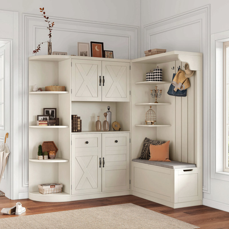 Multifunctional Left-Right Combination Hall Cabinet (Can Be Used Separately) With Storage And 4 Hooks, Storage Cabinet/ Hall Tree 2 In 1 For Living Room, Kitchen And Hallway
