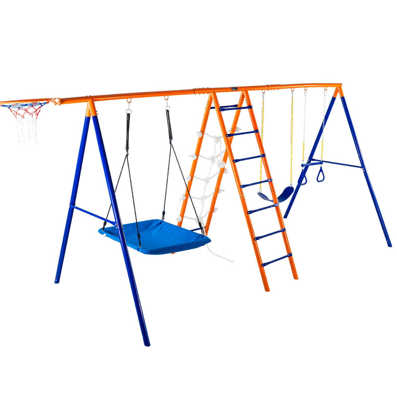 Balançoire 6 en 1 pour jardin, capacité 200 kg, structure en A avec deux balançoires, trapèze, filet d'escalade, cerceau, accessoires améliorés, toile, tubes en acier, poignées en caoutchouc souple, triple