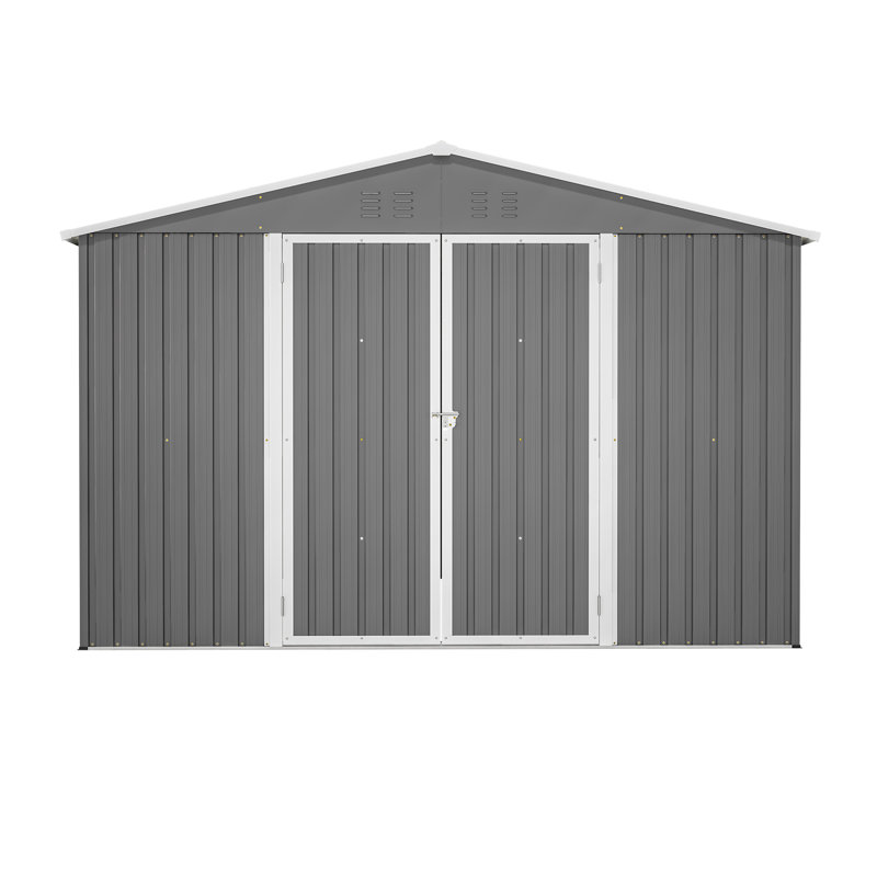Remise de rangement extérieure grise de 10 pi x 10 pi avec un design mis à jour et des portes verrouillables, un toit incliné pour la ventilation, idéal pour les besoins d'organisation de la cour arrière, grand jardin