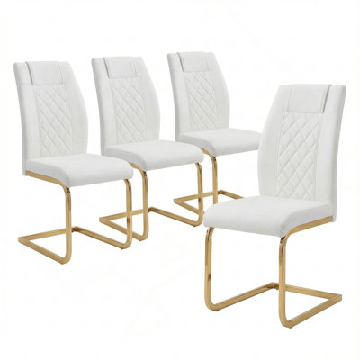 High-Back Dining Chairs Set Of 4, PU Leather Modern Kitchen Chairs With Gold Legs For Home Furniture Dining & Kitchen Room (White)
