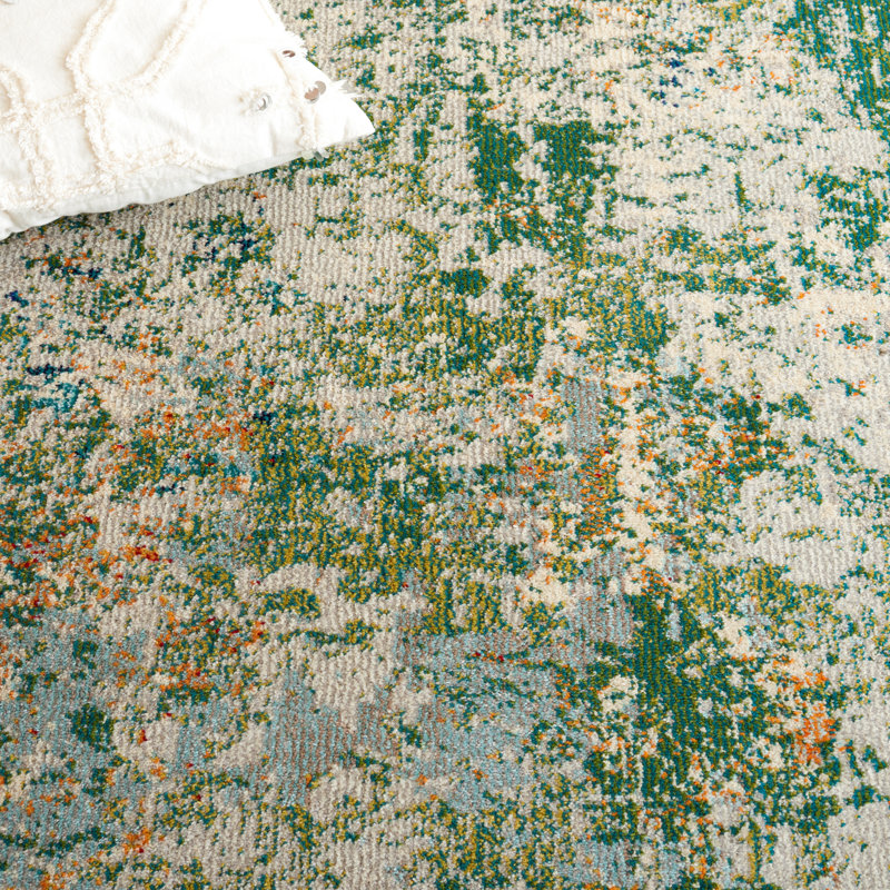 Green and Blue Abstract Stain-Resistant Wool Rug, 3' x 5'