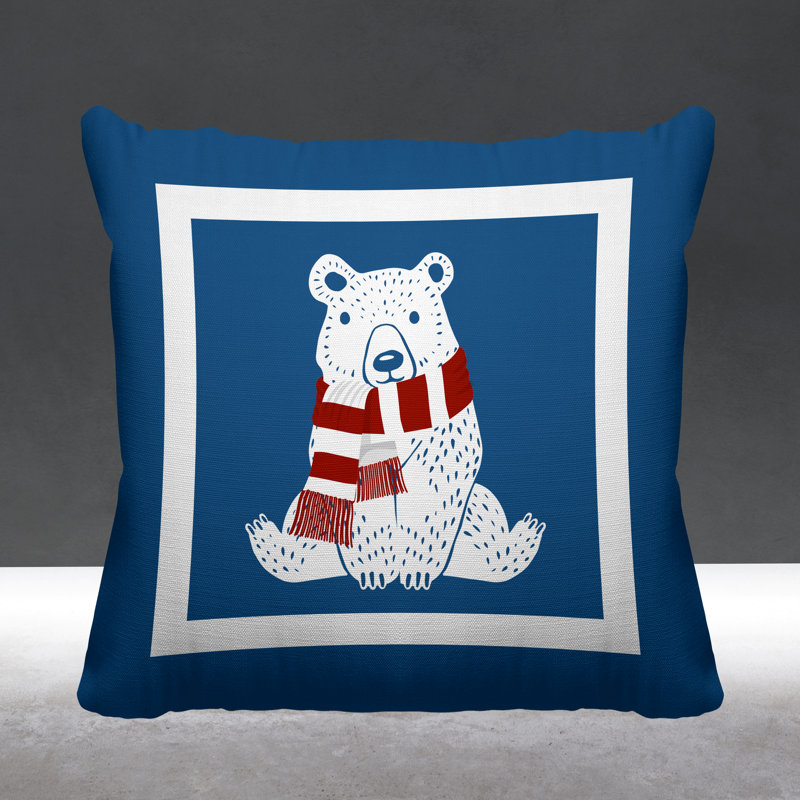 Coussin intérieur / extérieur Folk Christmas Bear, L 15 po x H 15 po, Bleu céruléen