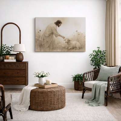 Gentle Shepherd With Lamb Religious Artwork, Living Room Pictures, Framed Canvas Giclee Print Wall Art