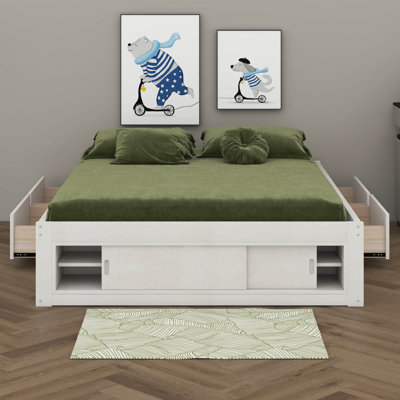 Queen Size Platform Bed Frame With 4 Drawers And Footboard Storage Cubby, No Headboard